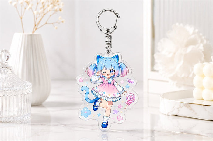 Custom anime acrylic keychains produced for artists and small merchandise brands