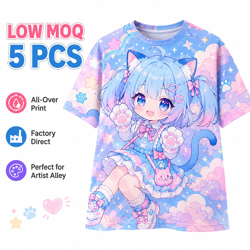 Custom all-over-print anime T-shirts created for artists and convention merchandise