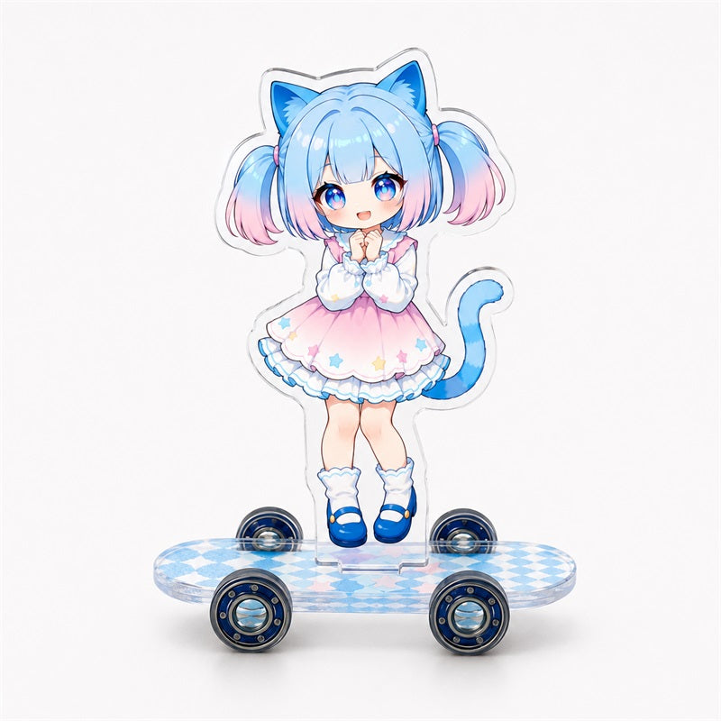 Custom acrylic skateboard standee with printed character and skateboard-shaped base