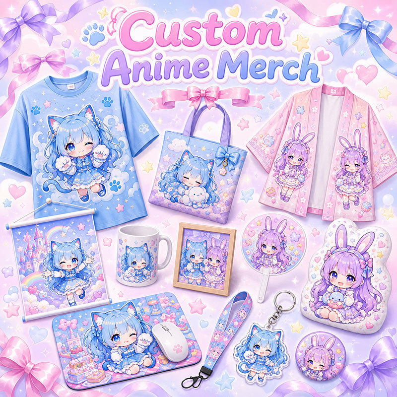Custom anime lifestyle merchandise collection with pillows, bags, apparel and accessories