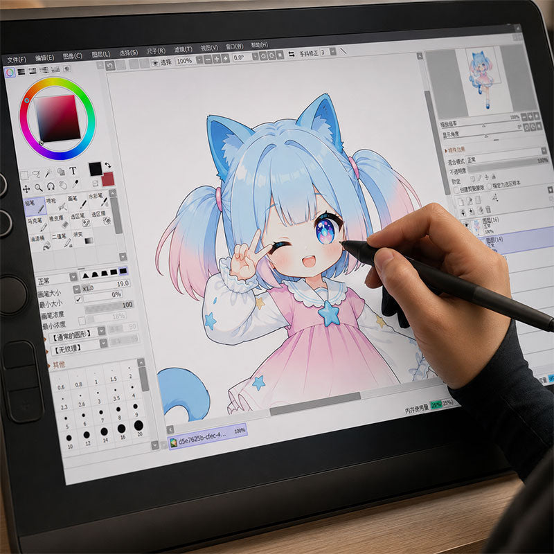 Independent artist drawing an anime character on a digital tablet for a custom merch business