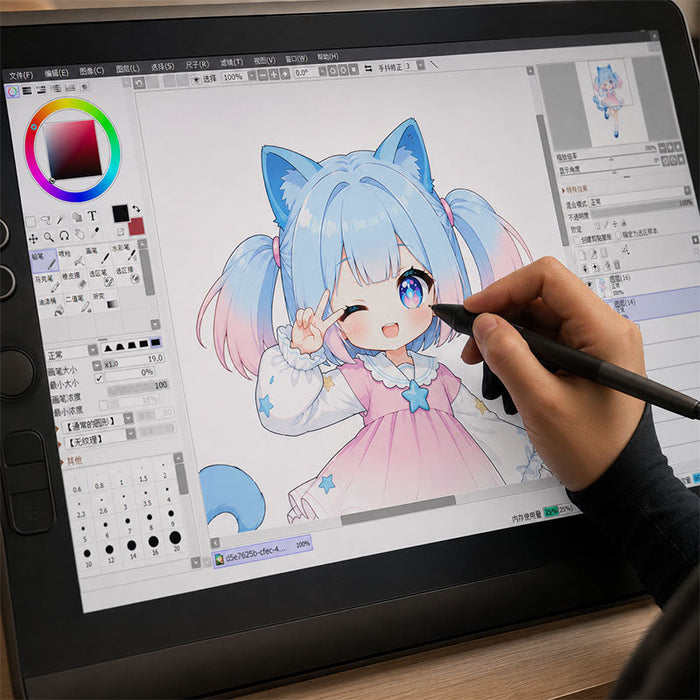 Independent artist drawing an anime character on a digital tablet for a custom merch business