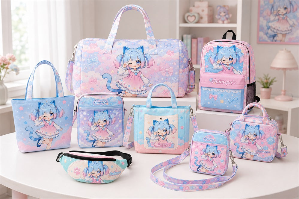 Animepa custom anime bag collection featuring tote, backpack, crossbody, waist and duffel bag styles