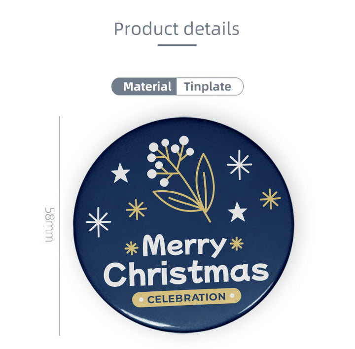A product specifications diagram showing a round custom printed tinplate badge with precise measurement lines.