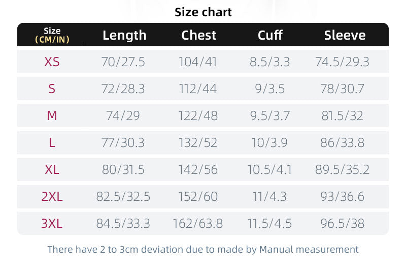 A detailed size and measurement chart displaying length, chest, cuff, and sleeve sizes for custom hoodies.