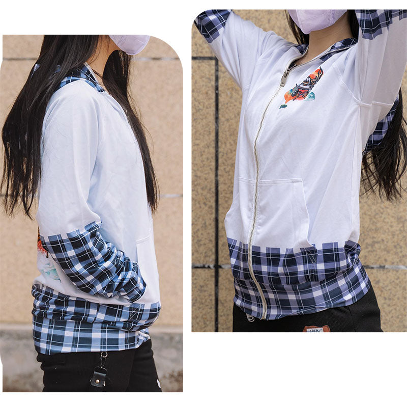 A two-panel lifestyle display showing the side profile and back view fit of the custom printed plaid patchwork hoodie.
