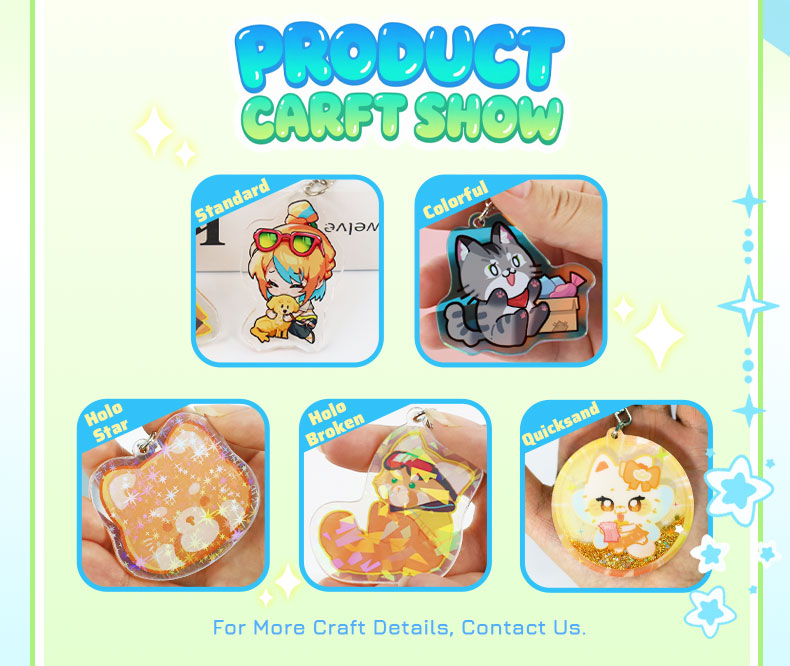 Acrylic keychain printing effect samples with different artwork styles
