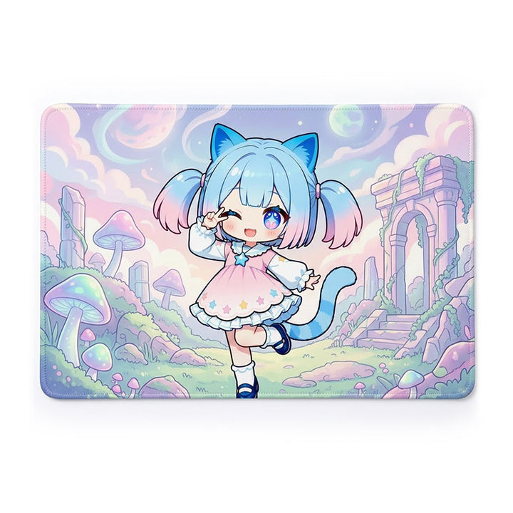 A small rectangular 20x30cm custom printed anime mousepad featuring a cute blue-haired girl standing in front of an ancient pastel ruins backdrop on a white background.