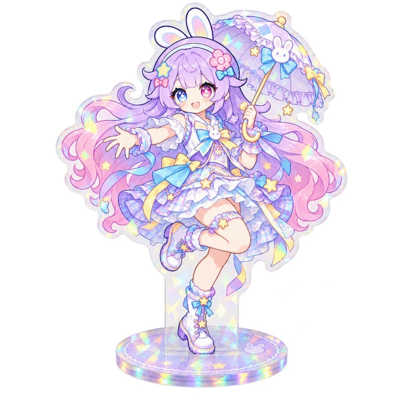Anime acrylic standee with rainbow holographic effect and pastel character artwork