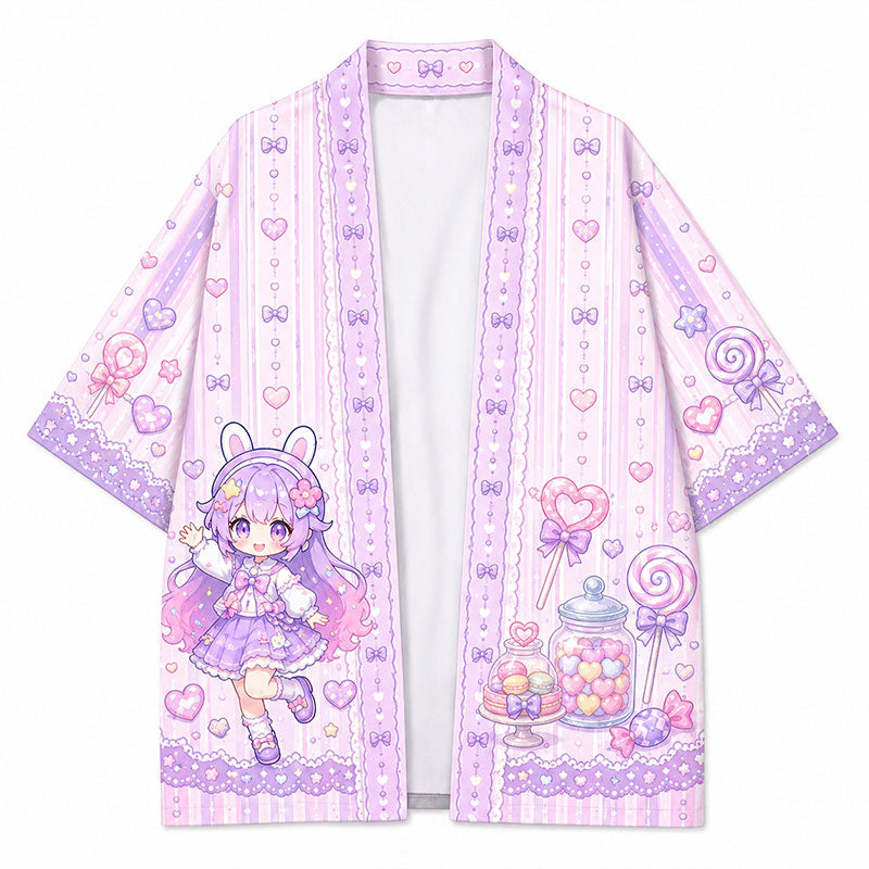 A vibrant candy-themed light purple anime happi coat with a vertical stripe pattern and custom character print on a white background.