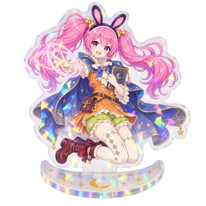 Anime holographic acrylic stand with colorful character artwork and rainbow acrylic base