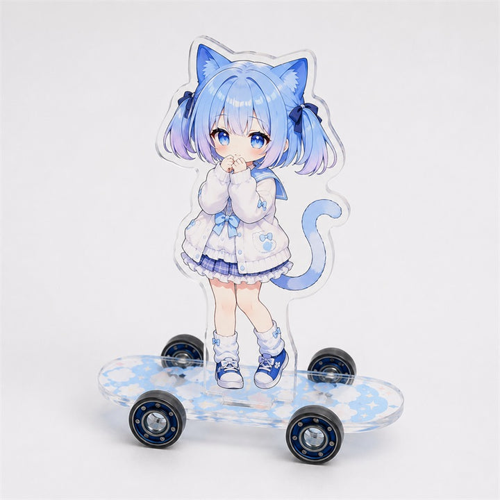Clear acrylic skateboard character standee with visible wheels and transparent deck