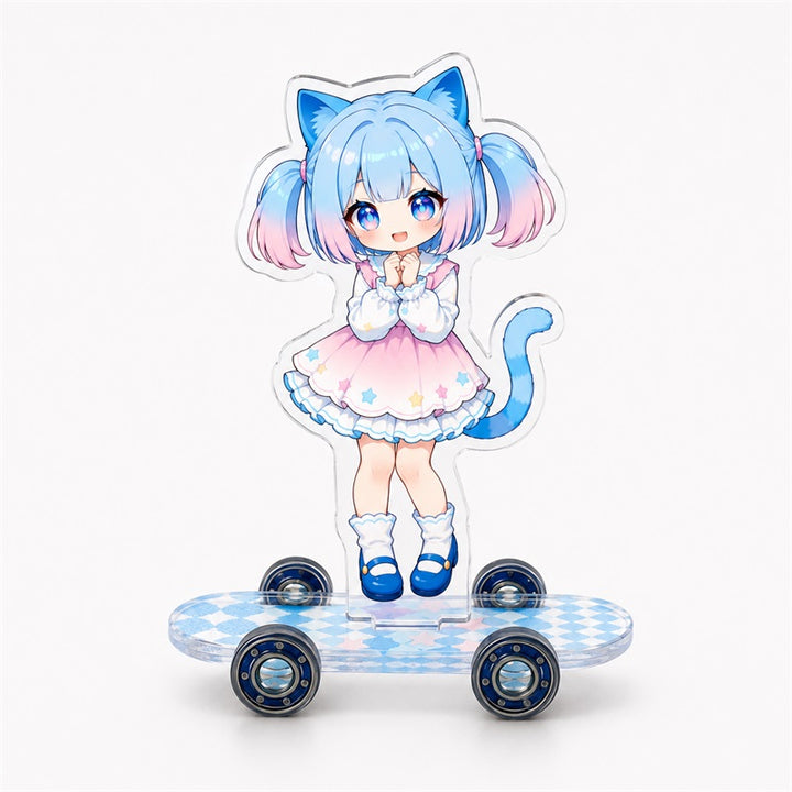 Custom clear acrylic skateboard standee with blue cat-girl character, front product view