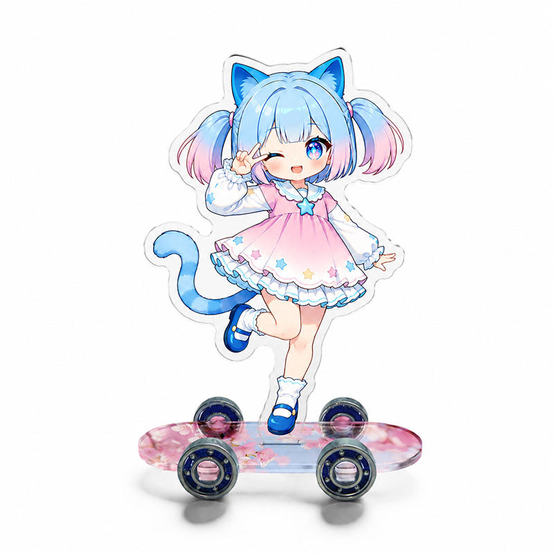 Custom anime acrylic skateboard standee with printed deck and four black wheels