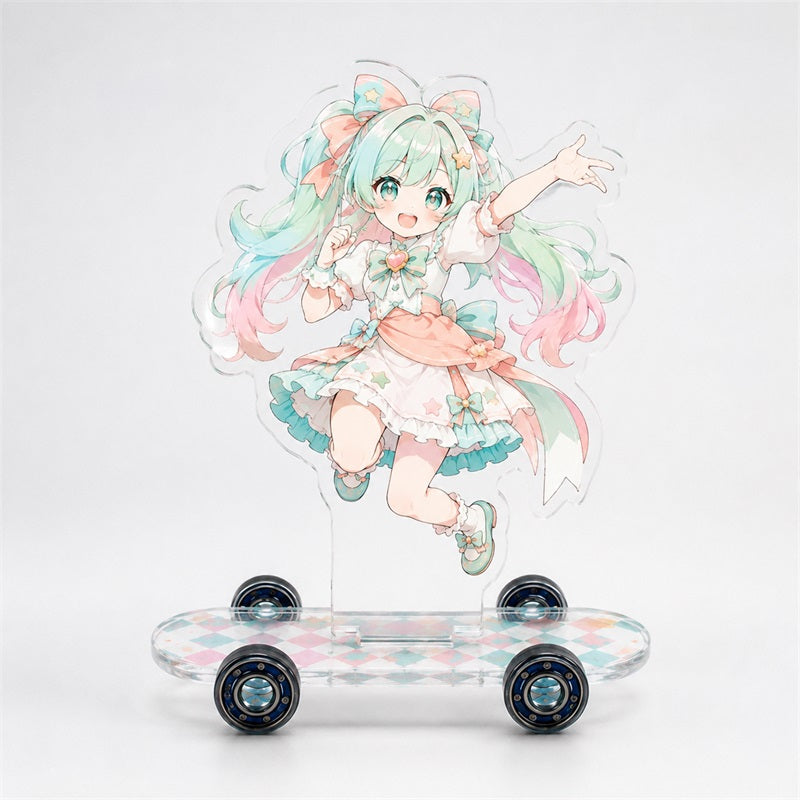 Custom collectible acrylic skateboard figure with mint-haired character