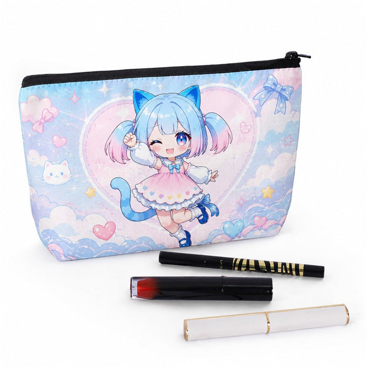Custom anime makeup bag with blue cat girl and heart artwork, front product view