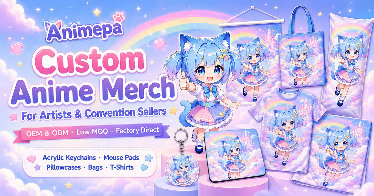 Custom anime merch for artists and convention sellers including keychains mouse pads bags and T-shirts