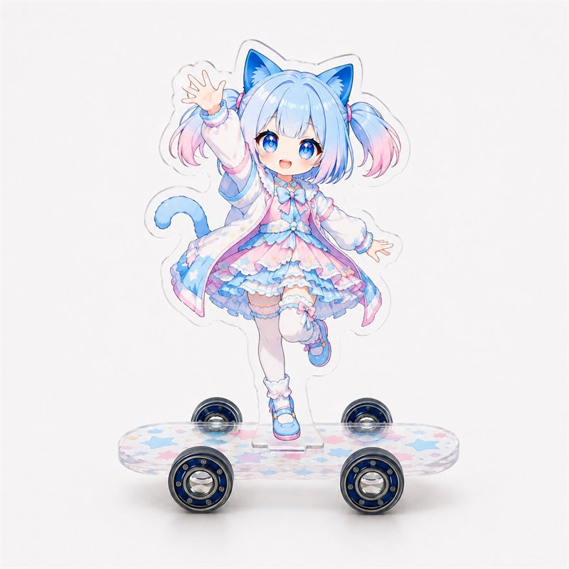 Custom anime acrylic skateboard standee featuring dynamic blue character artwork