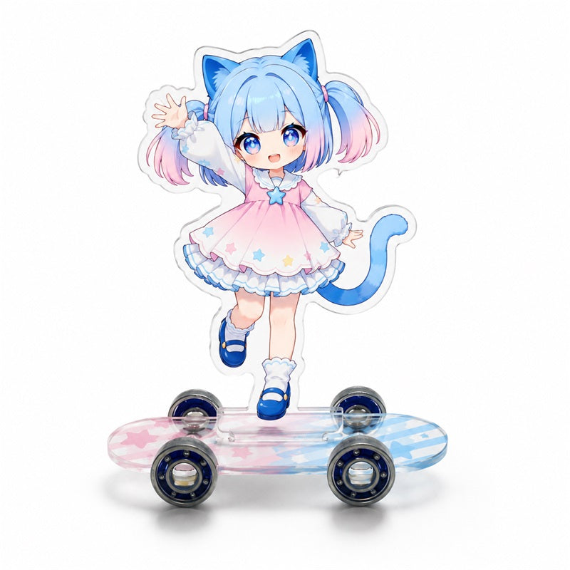 Personalized blue cat-girl acrylic skateboard display, alternate character example
