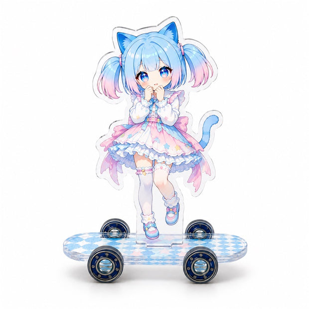 Custom character acrylic skateboard standee with clear printed figure and wheeled base
