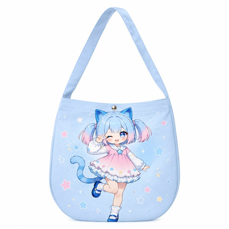 Custom blue anime hobo shoulder bag featuring a winking chibi cat girl print