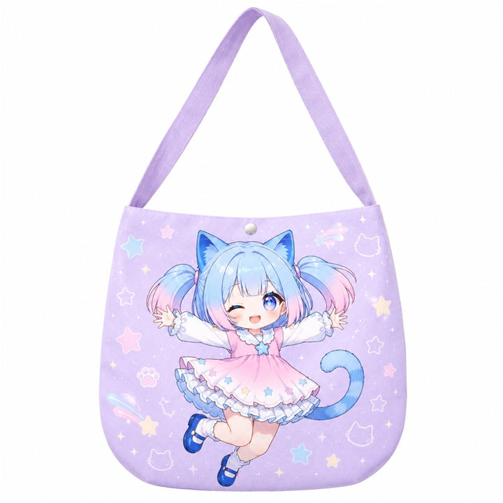 Custom lavender chibi anime hobo bag with full-color cat girl artwork and shoulder strap