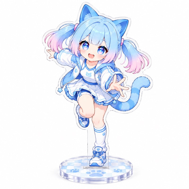 Custom clear acrylic standee sample featuring a blue cat character in a blue and white dress