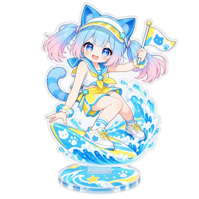 Custom clear acrylic standee sample featuring a blue cat character seated on a celestial design