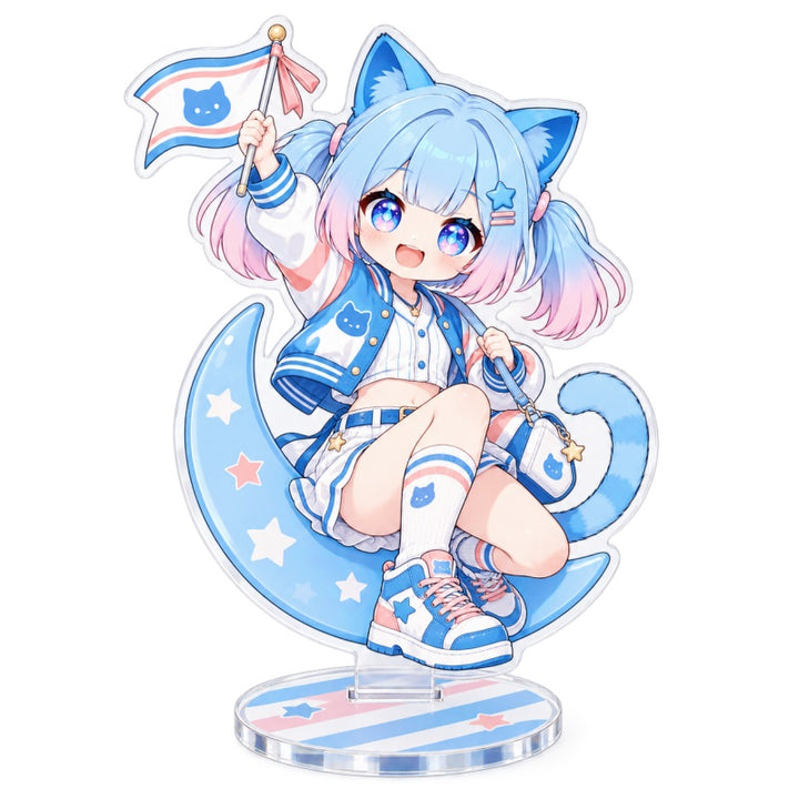Custom clear acrylic standee sample featuring a blue cat character seated on a crescent-shaped design