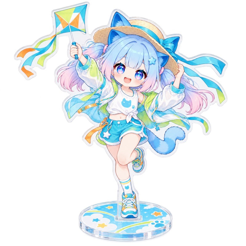 Custom clear acrylic standee sample featuring a blue cat character in a mint and yellow costume