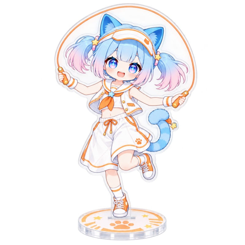 Custom clear acrylic standee sample featuring a blue cat character in a white and orange dress