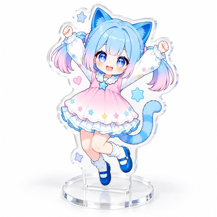 Custom clear acrylic standee sample featuring a blue cat character in a pastel dress