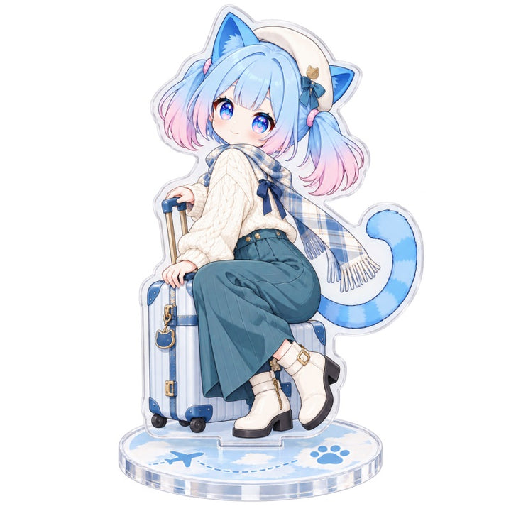 Custom clear acrylic standee sample featuring a blue cat character in a seated pose on a printed base