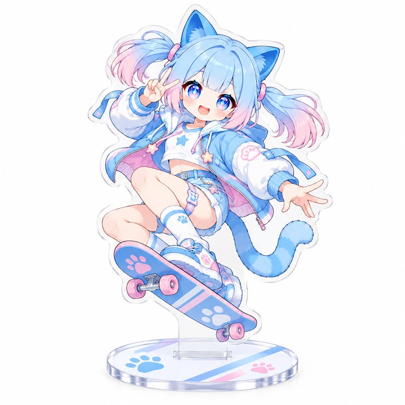 Custom clear acrylic standee sample featuring a blue cat character posing with a skateboard