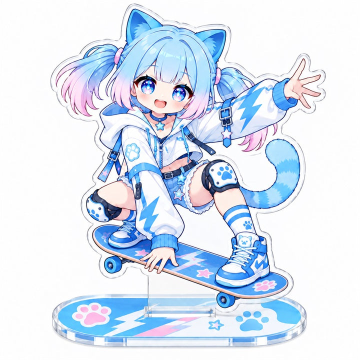 Custom clear acrylic standee sample featuring a blue cat character seated with a skateboard