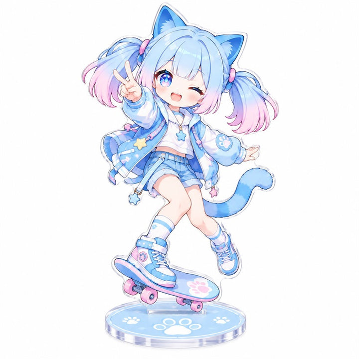 Custom clear acrylic standee sample featuring a blue cat character riding a skateboard