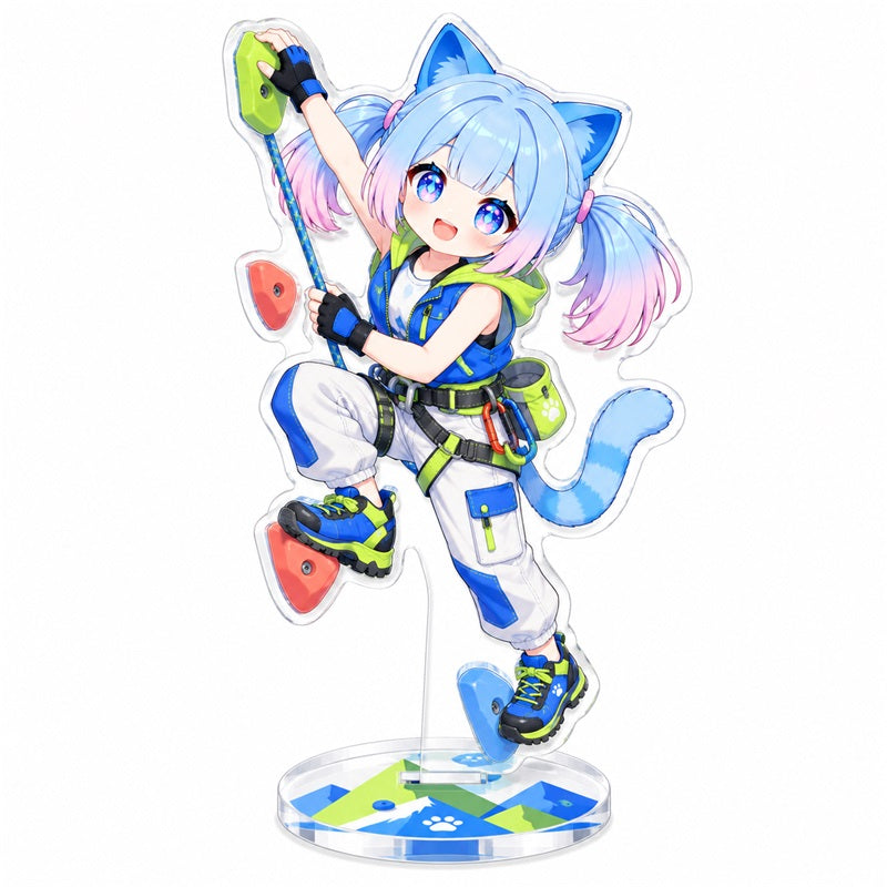 Custom clear acrylic standee sample featuring a blue cat character in a colorful sporty pose