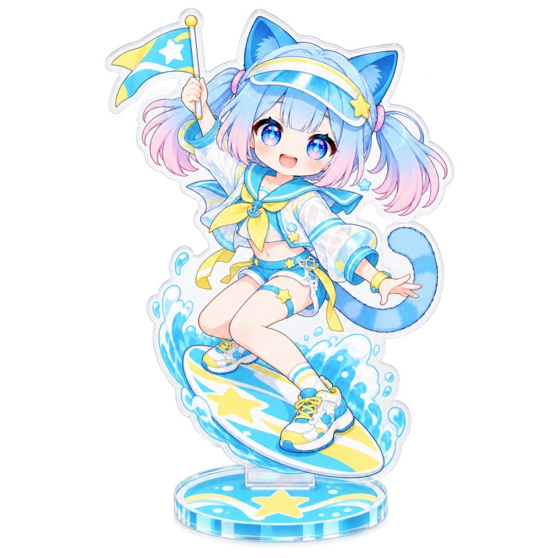 Custom clear acrylic standee sample featuring a blue cat character seated on a star-themed design