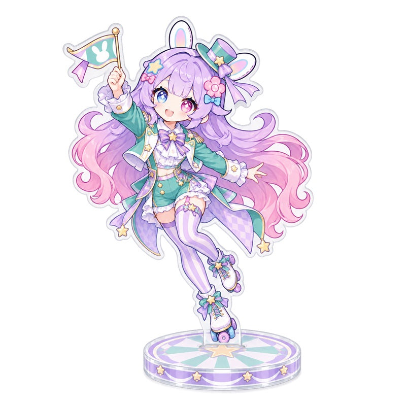 Custom clear acrylic standee sample featuring a pastel purple bunny character holding a drink