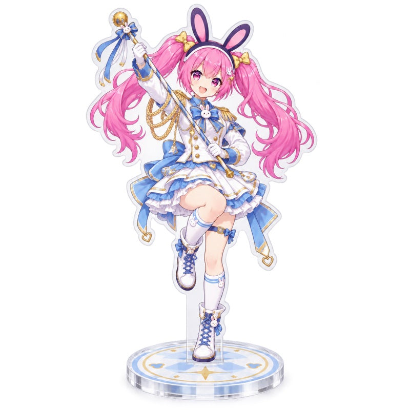 Custom clear acrylic standee sample featuring a pink bunny character in a blue and gold fantasy costume