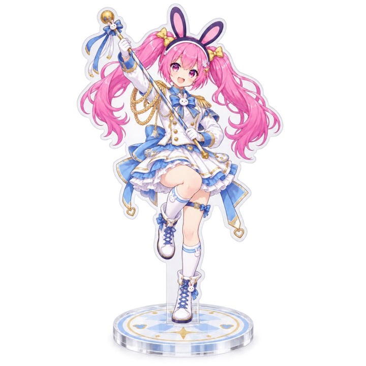 Custom clear acrylic standee sample featuring a pink bunny character in a blue and gold fantasy costume