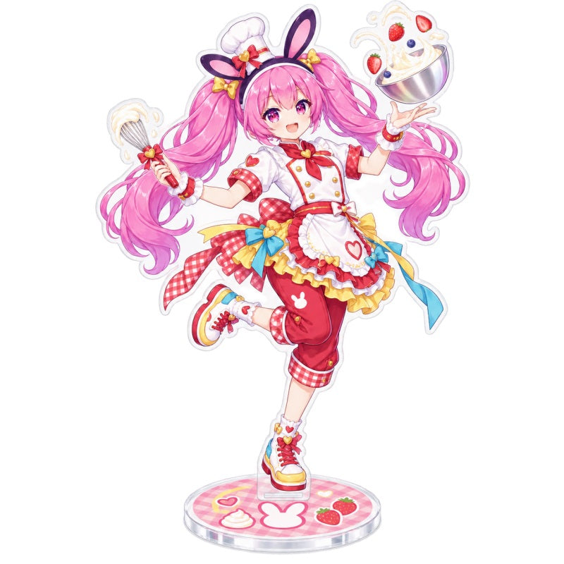 Custom clear acrylic standee sample featuring a pink bunny character in a red festival costume