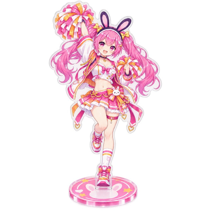 Custom clear acrylic standee sample featuring a pink bunny character in a pink floral dress