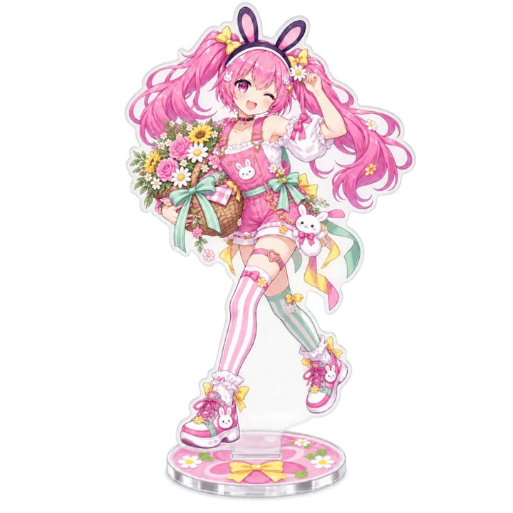 Custom clear acrylic standee sample featuring a pink bunny character holding a flower bouquet