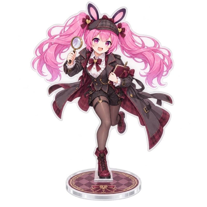 Custom clear acrylic standee sample featuring a pink bunny character in a black gothic outfit
