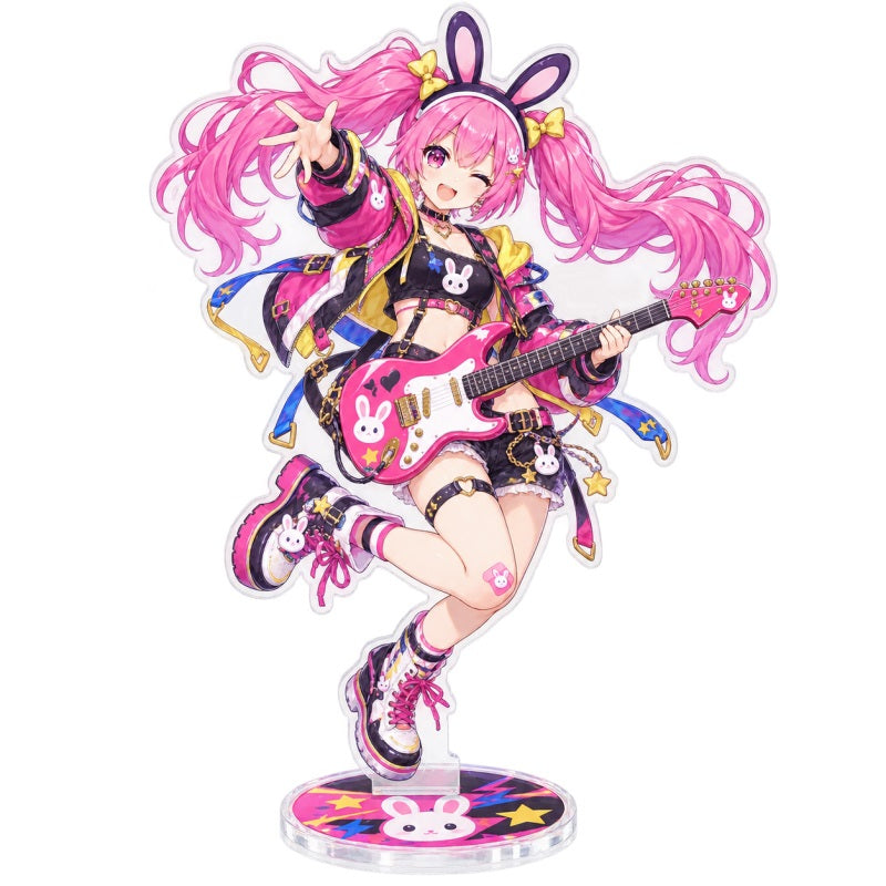 Custom clear acrylic standee sample featuring a pink bunny character playing guitar on a printed round base