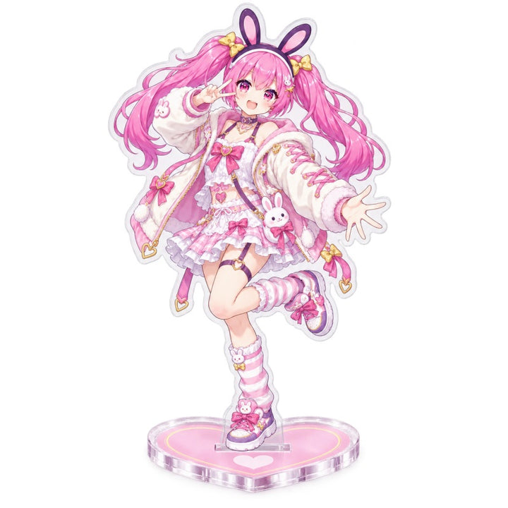 Custom clear acrylic standee sample featuring a pink bunny character in a bright idol outfit