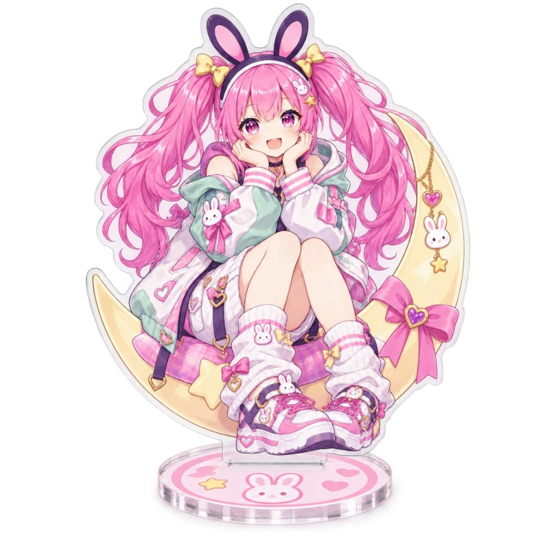 Custom clear acrylic standee sample featuring a pink bunny character seated inside a moon design