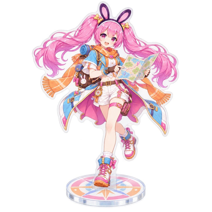 Custom clear acrylic standee sample featuring a pink bunny character in a colorful orange costume