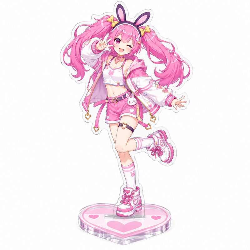 Custom clear acrylic standee sample featuring a pink bunny character in a light pink dress